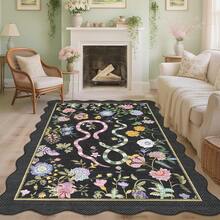 1Pcs Room Decor Modern Washable Scalloped Floral Snake Area Rug For Living Room Indoor Bedroom Foldable Floor Mats, Soft Low Pile Non Shedding Carpets For Offices Non-Slip Runner For Hallway Dorm - 黑色 - 查看 2