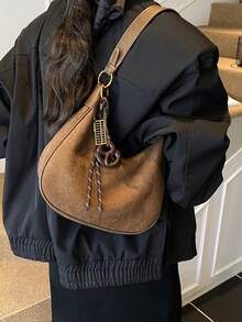 1 pièce Nouveau sac de mode décontracté de design de niche pour femmes, sac sous le bras rétro en forme de croissant, sac bandoulière polyvalent, en matériau PU, avec sangle réglable, convient pour un usage quotidien, les courses, les déplacements, le travail, l'université - Tabac - Voir 4