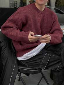 Lightweight, Loose Fit Knit Sweater With Textured Pattern, Casual Unisex Design, Suitable For Autumn And Winter, Long Sleeve Top - Red - View 2