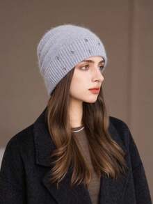 1pc Women's Rabbit Fur Knit Rhinestone Beanie Hat, Autumn/Winter Warm Thick Windproof Ski Cap, Fashionable & Versatile