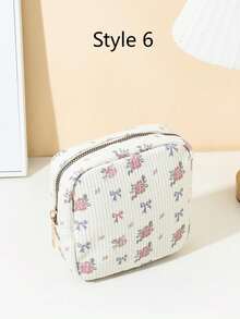 1pc Pink Bow Floral Print Sanitary Napkin Pouch, Mini Cosmetic Bag, Multifunctional Sanitary Napkin Organizer, Compact Square Bag, Women's/Girls' Travel Cosmetic Case, Cute Zipper Pouch Coin Purse, Campus Style, Suitable For School, Work, Travel, Makeup Bag, Skincare Bag, Toiletry Bag, Packaging Box, Travel Essentials