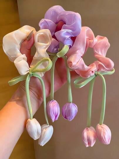 Set de 3 Scrunchies con lazo de tulipán, accesorios para el cabello dulces y etéreos en tonos rosa suave, lila claro y beige, adecuados para niñas y mujeres para salidas casuales, citas y eventos de estilo fresco, lazos para el cabello, Scrunchies