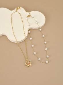 2 piezas Elegante y exquisito conjunto de collar de mujer con flor giratoria de perla de acero inoxidable, joyería de acero inoxidable impermeable, collar dorado, joyería de alta calidad chapada en oro, collar de otoño, regalo de cumpleaños, regalo para parejas, regalo de pareja, regalo