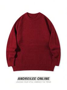 Men's Casual Loose Fit Crew Neck Pullover Sweater, Streetwear Style, Solid Color, Long Sleeve, Versatile, Suitable For Spring, Autumn, Winter - Đỏ - Xem 4