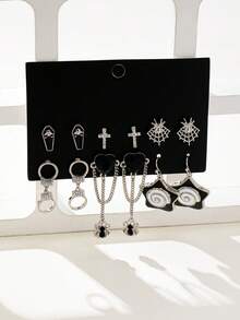6 Pairs Gothic Style Rhinestone Bat, Skull, Star, Sunflower, Cross, Axe, Skull, Moon, Snowflake Earrings Set, Fashionable & Versatile - Multicolor - View 6