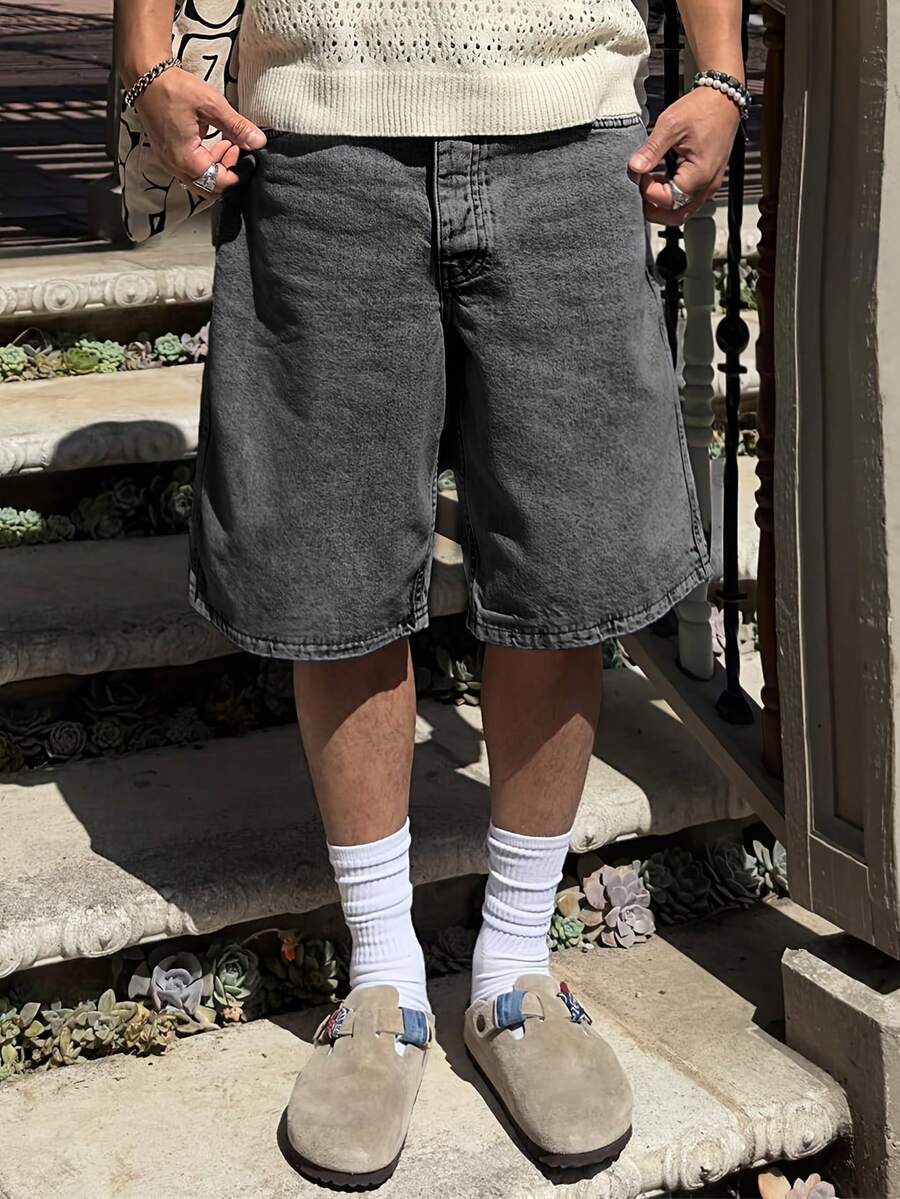 Solid-Color Basic Denim Shorts With A Spring And Autumn Street Fashion Style - Grey - View 1