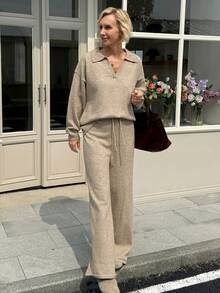 Livesso 2pcs Set Women's Solid Color Drop Shoulder Sweater And Wide-Leg Knit Pants Casual Loose Outfit,Fall Clothes - Camel - View 7