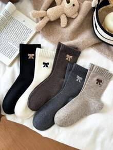 3/5 Paar Damen süße Schleife Lässig Crew Knöchelsocken, Farben zufällig, geeignet für den täglichen Gebrauch