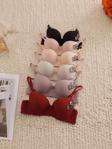 Sujetador de mujer, copa B, paquete de 6, 6 colores, cómodas copas de masaje, ajuste de tres botones, tirantes ajustables, decoración de lazo, sujetador de rayas de color sólido sexy y cómodo. - Multicolor - Ver 2