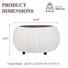 YDCOSYFY 30 Inches Large Round  Ottoman With Storage,Pumpkin Shape Upholstered Ottoman Coffee Table, With Removable Wooden Top, Soft Teddy Fabric Surface, For Living Room, Bedroom - 白色 - 查看 7