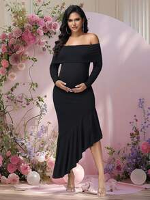 JustVH Maternity Bohemia Off-Shoulder Long Sleeves Dress Asymmetric Ruffle Hem Bodycon Maxi Dress For Baby Shower Photoshoot Party - Black - View 7