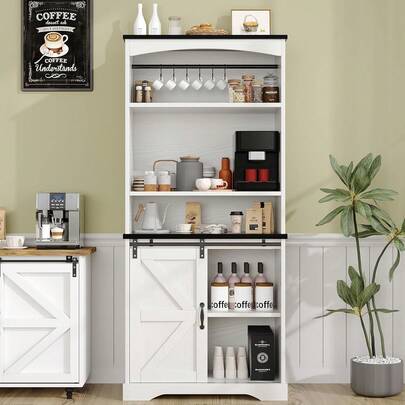 71" Kitchen Pantry Cabinet, Tall Kitchen Storage Cabinet With Barn Door, Kitchen Hutch Pantry Cabinet With Adjustable Shelves, Rustic Wood Cupboard For Kitchen, Dining Room