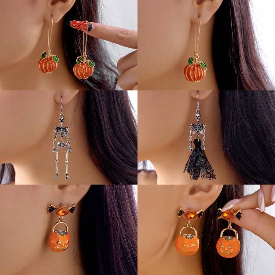 Halloween Pumpkin & Skull Skeleton Pendant Earrings: Versatile Alloy Earring Set, Ideal As A Gift