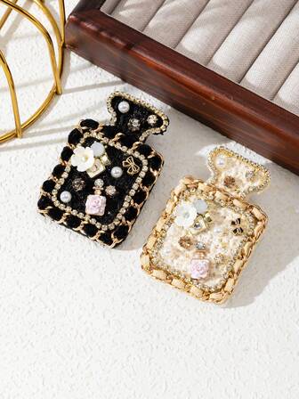 1pc Elegant & Exquisite Black & White Creative Perfume Bottle Rhinestone Encrusted Brooch, Luxurious Jewelry Lapel Pin, Suitable For Daily Wear, Gift For Occasions