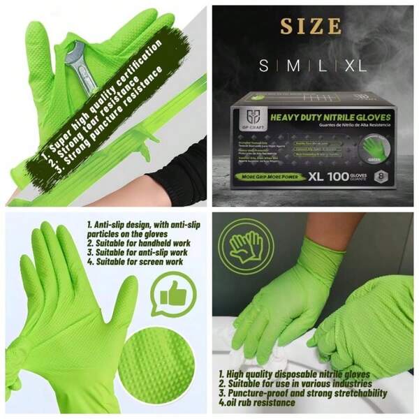 GP67 Green Nitrile Gloves 8mil Industrial Grade Powder - Latex - Tear - Resistant Safety Gloves
