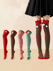 1Pair Christmas Knee High Socks For Women , Striped Long Stockings With Bow & Pom Poms, Holiday Cosplay Party Socks, Cozy Socks