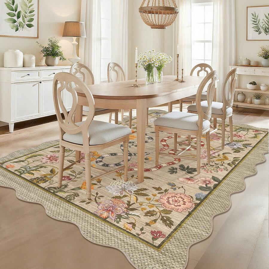 1Pcs Room Decor Modern Washable Scalloped Floral Snake Area Rug For Living Room Indoor Bedroom Foldable Floor Mats, Soft Low Pile Non Shedding Carpets For Offices Non-Slip Runner For Hallway Dorm - Brown - View 1
