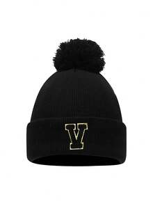 个性化婴儿帽，单只绒球帽，定制 A-Z 字母婴儿帽，男童女童无檐小帽，儿童针织帽，温暖可爱，帽子，日常时尚，适合返校生日礼物 - 黑色 - 查看 7