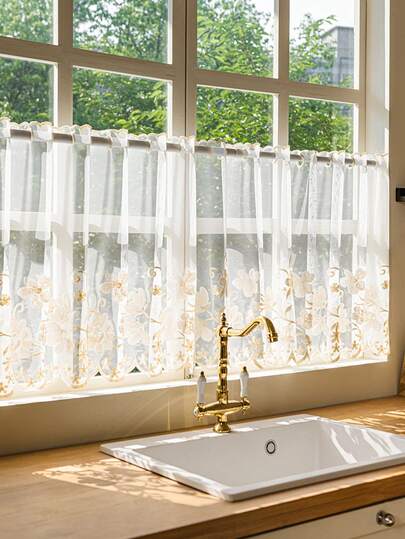 1pc Rod Pocket Floral Embroidered Beige Half Curtain, No Drilling Required, Suitable For Bedroom, Kitchen, Living Room, Home Divider