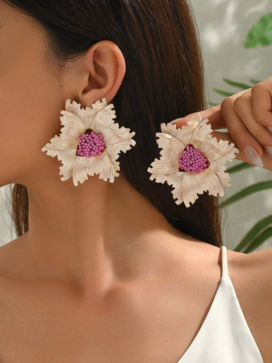 1 pereche cercei eleganți cu model floral texturat, dublu strat, bej, cu model floral, cercei vintage exagerați cu model floral multistrat, potriviți pentru ținutele zilnice, de vacanță și de petrecere ale femeilor