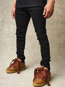 男士修身黑色经典紧身牛仔裤，弹力黑色破洞牛仔裤，黑色无破洞牛仔裤 - 黑色 - 查看 1