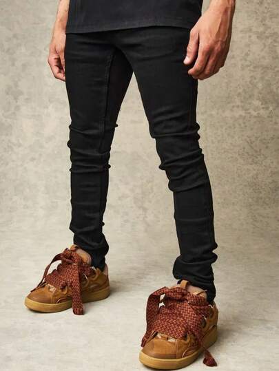 男士修身黑色经典紧身牛仔裤，弹力黑色破洞牛仔裤，黑色无破洞牛仔裤