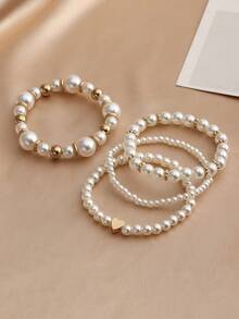 NAIZHU Conjunto de 4 pulseras con cuentas, decoración de corazones y perlas falsas para San Valentín - Blanco - Ver 5