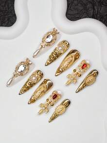 10片/套 手工杏仁形Y2K复古风美甲贴片，白色和金色金属点缀，心形、十字架、珠子设计，适合派对、婚礼、日常佩戴，包含工具包，是送给女性和女孩的绝佳礼物。手工美甲贴片 - 彩色 - 查看 3