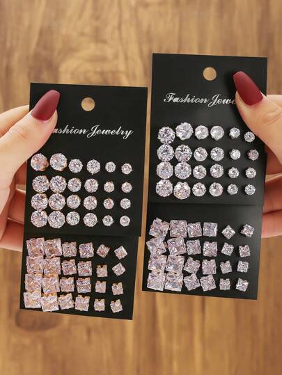 12-48 قطعة/مجموعة أقراط مسامير زركونيا زجاجية بشكل هندسي دائري ومربع للنساء، مناسبة للعائلة والأصدقاء والاستخدام اليومي والهدايا