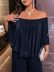 Voworia Plus Size Jumpsuit With Off Shoulder Design, Fashionable & Elegant, Early Autumn - Navy Blue - View 2