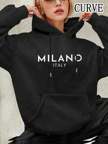 Plus Women's Letter Drawstring Pocket Hooded Sweatshirt - Black - View 2