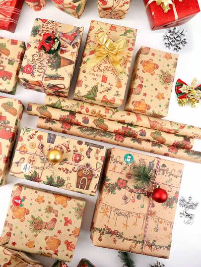 15pcs Christmas Wrapping Paper,Thick Kraft Paper Gift Wrapping Papers,27inches X 19inches 6 Designs Of Retro Christmas Wrapping Paper,Colored Light Christmas Tree Pattern Thin Paper, Suitable For Christmas And New Year Holidays. Christmas Wrapping Paper Is Used For Decorating Gifts, Art And Handicrafts