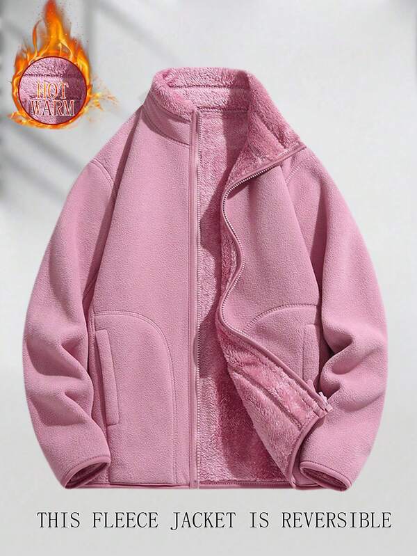 1 pieza Chaqueta con capucha reversible de forro polar para mujer, sudadera con cremallera de unicolor cálida para exteriores, otoño/invierno