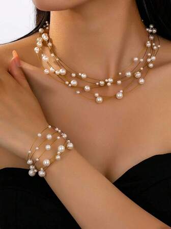 1 Set Elegante Vintage in Stile Francese con Bracciale e Collana Multistrato con Perle Finte in Vetro e Cielo Stellato