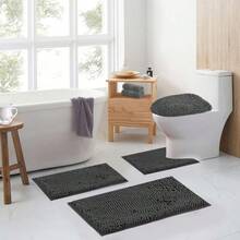 Grey Bathroom Rugs Sets 4 Piece With Toilet Lid Cover, Non Slip Bathrooats Extra Soft Chenille Bath Rug Absorbent Shaggy Rugs Perfect Plusats U-Shaped Toilet Rug And Toilet Cover Toilet,18821272 - 深灰色 - 查看 2