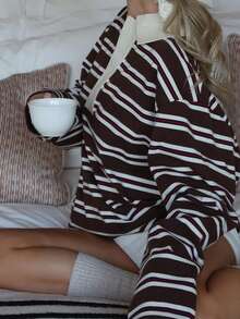 Women Striped Color Block Sweatshirt Lapel Collared Long Sleeve Oversized Rugby Shirt  Fall Clothes - Coffee Brown - View 4
