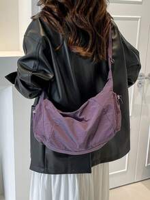 1 chiếc túi xách nhiều ngăn bằng vải nylon, túi đeo vai chéo xếp ly có dây rút dành cho nữ, túi hobo kiểu bohemian mềm mại và thoải mái, phù hợp cho nữ đi mua sắm, đi làm và sử dụng hàng ngày, kiểu Nhật Bản, trang phục bohemian cho nữ, màu tím, đi biển - Bold Plum - Xem 3