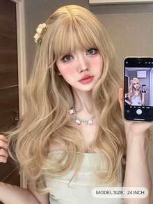 alicegarden 1 合成耐热假发，金色长卷假发，带刘海，24 英尺长，由纤维制成，适合日常使用，自然仿真假发 - 金色 - 查看 2