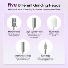 三速电动指甲打磨机。包含6个可互换的打磨头。底部带有蓝光灯，用于固化凝胶指甲油。配备防尘罩，有效防止指甲粉尘飞溅。 - 白色 - 查看 7