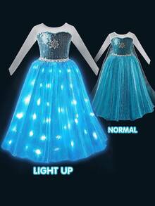 Light Up Princess Dress Girls Halloween Costume Costume Toddler Dressing Up Bithday Party, Purple - 藍色-帶斗篷 - 查看 2