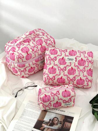 1 pieza/set Bolsa de cosméticos con diseño de calabaza y lazo para Halloween, bolsa de maquillaje, bolsa de almacenamiento de viaje, bolsa de almacenamiento de dulces, organizador de cosméticos multifuncional portátil para mujer con cierre de cremallera para lápiz labial, brochas, cuidado de la piel, teléfono móvil, monedas, pequeños artículos, para el hogar, viajes, vacaciones, esenciales de viaje