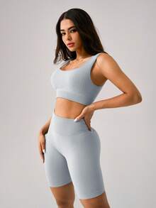 NcmRyu Women's Ribbed Crop Tank & High-Rise Biker Shorts Set - Stretchy Fabric Summer Activewear, Yoga Essential For Workout, Gym & Casual Wear - 銀色 - 查看 5