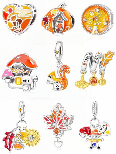 1pc Refreshing Healing Autumn Beaded Bracelet/Necklace DIY Kit With Heart, Pumpkin, Cookie, Animal, Leaf, Figurine Charms, Lovely Fall Season Gift