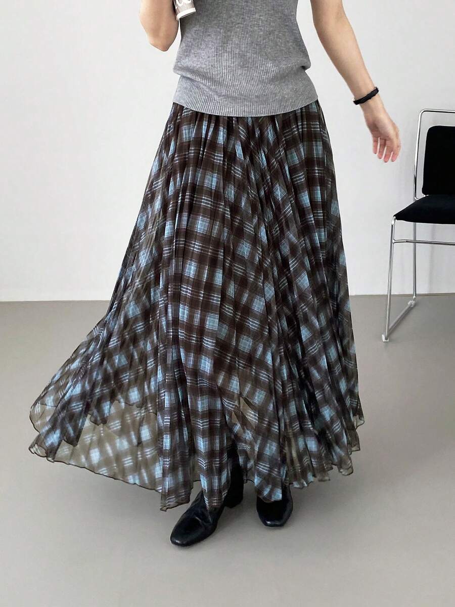 Women Skirts - Kẻ caro cà phê xanh - Xem 1