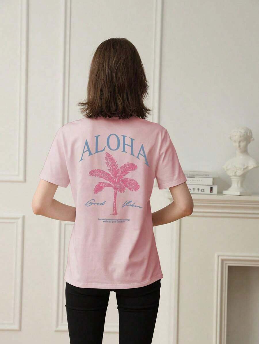 2026 Summer Shirts Women's New Palm Tree Slogan Print Casual Round Neck Short Sleeve T-Shirt, Fashionable Resort Style, Your Daily Essential Item. Gr - Pink 2 - 查看 1