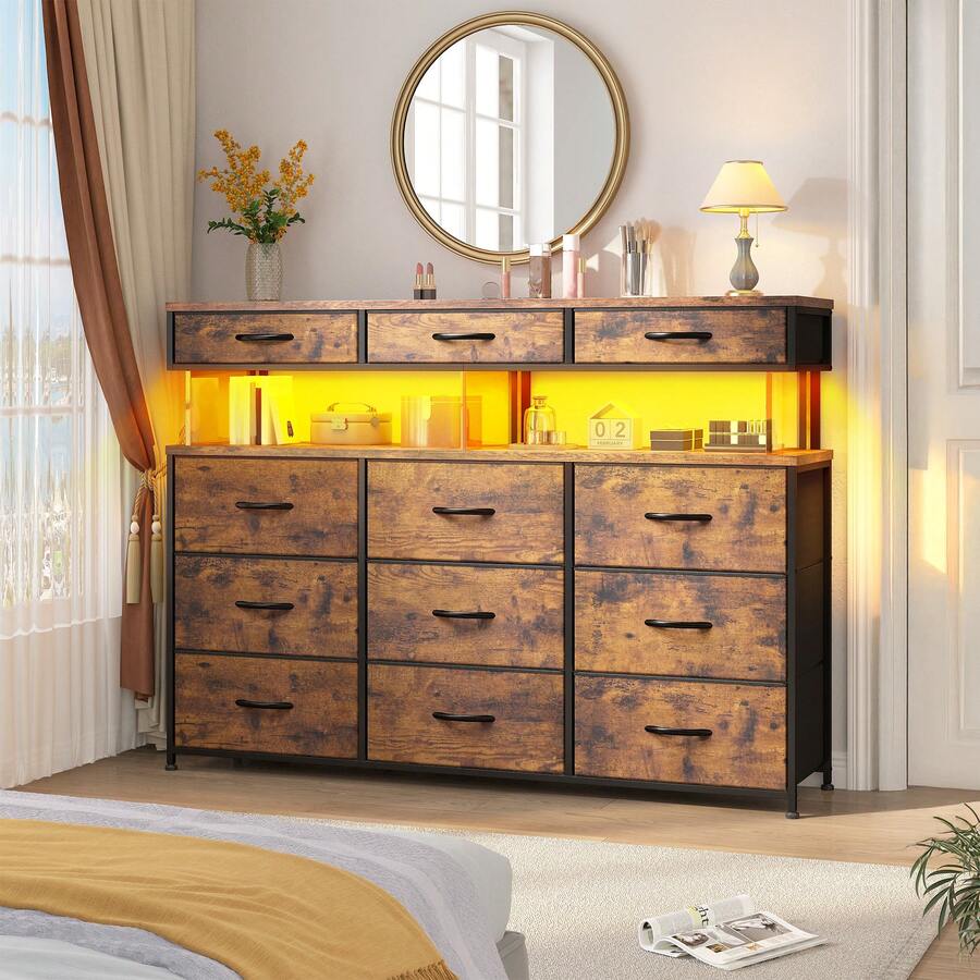 Tech-Enhanced Modern Dresser With Charging Hub & Ambient LED Lighting And 12 Customizable Fabric Drawers With 10MM Protective Acrylic Surface,Rustic Brown - View 1