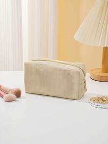 1pc High-Quality Corduroy Pencil Case - Spacious Polyester Supply With Zipper Closure, Mixed Colors White & Golden-Tone Zipper Pulls, Stylish Minimalist Design For Students & Professionals, Professional Organizer, Student Stationery Storage, Textured Fabric,Back To School,Pencil Pouch,School Bag