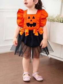 Vestido para niña con esqueleto, volantes y lazos rojos, disfraz cute de Halloween, vestido pinafore. Vestido beba vestido tipo disfraz para fiestas - Naranja - Ver 2