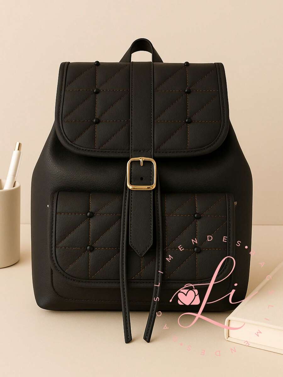 Women's Leather Backpack For Notebook With Adjustable Strap And Pearl Details - màu đen - Xem 1