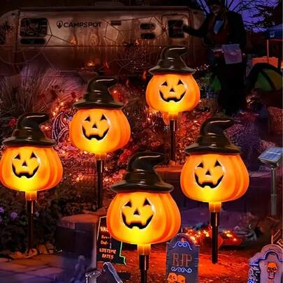 Lanternas de abóbora de Halloween, luzes solares montadas no chão, luzes decorativas para áreas externas adequadas para pátios, jardins, gramados e decoração de festas de fim de ano